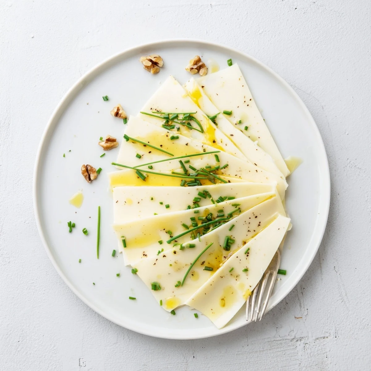 Swiss cheese slices delicately fanned out on a platter, ready to be enjoyed as a savory appetizer.