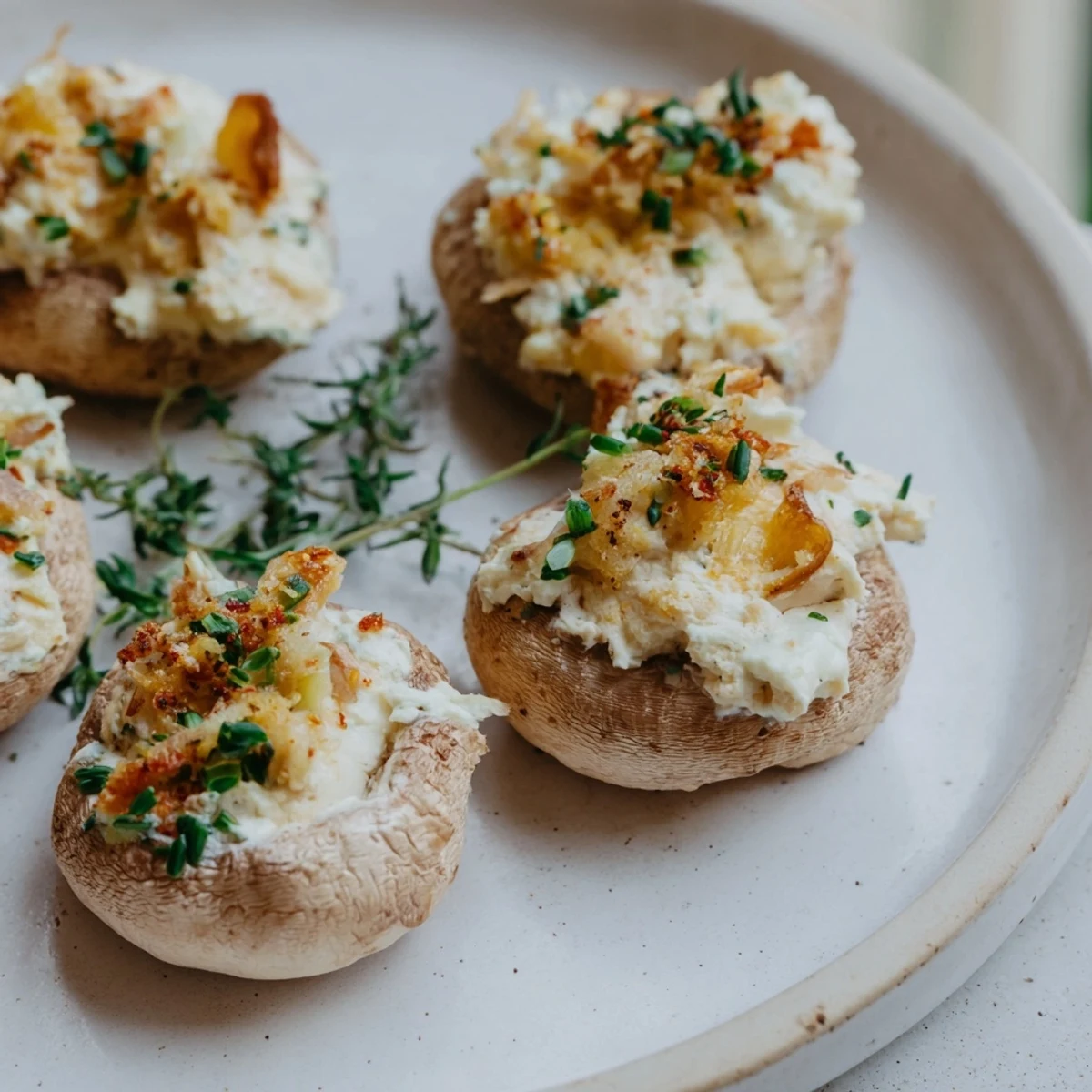 Savoury Stuffed Mushroom Caps arranged in a ring, a beautiful appetizer ready for your table.