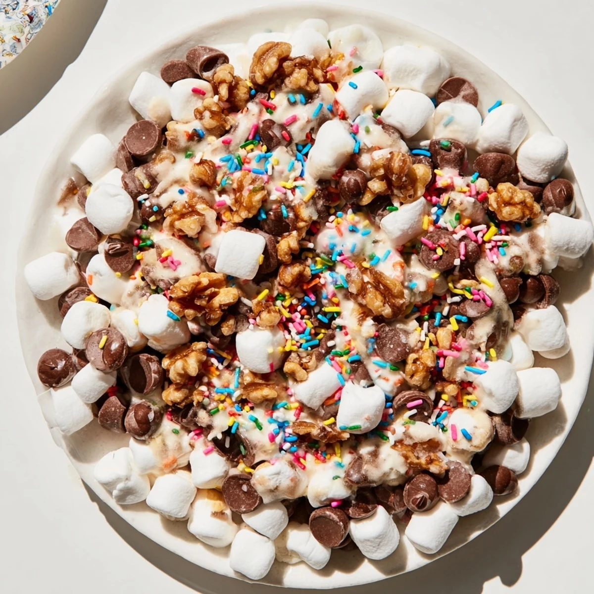 Gooey, melted chocolate chips and mini marshmallows heap, a quick dessert served warm.