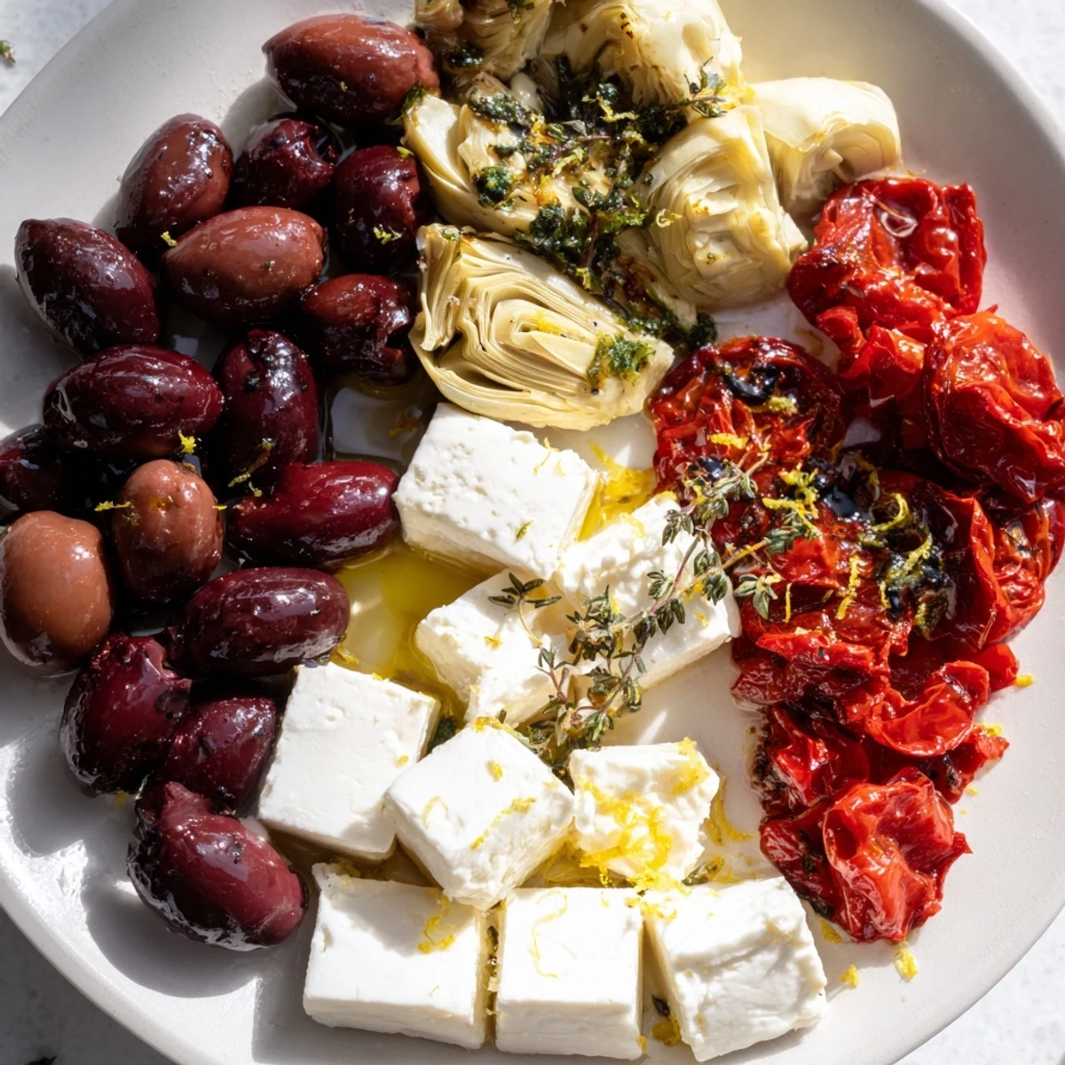 Mediterranean Black Olive and Sun-Dried Tomato Platter, bursting with colorful olives, feta, and peppers.