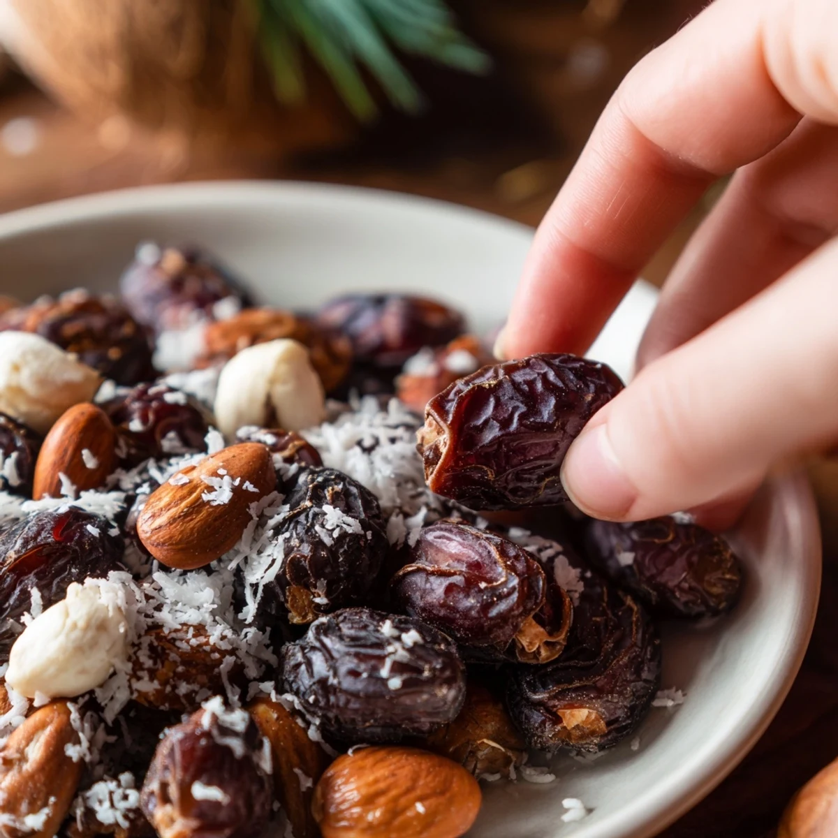 Fresh Fruit & Nut: Almonds and Dried Apricots, arranged with optional coconut and seeds for snacking.
