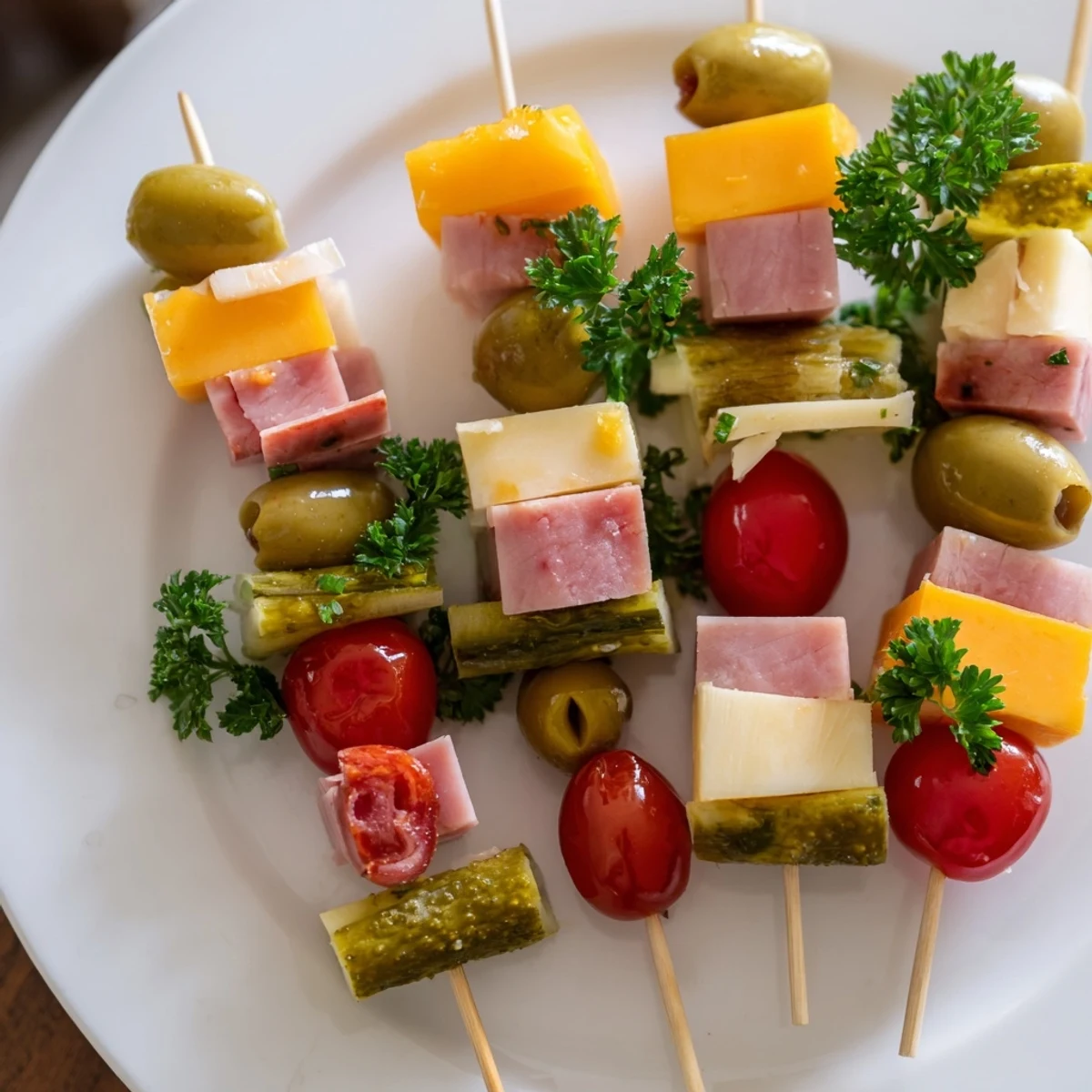 Close-up of Savory Skewers: tender ham, cheddar, and pickles arranged on wooden skewers for a tasty snack.