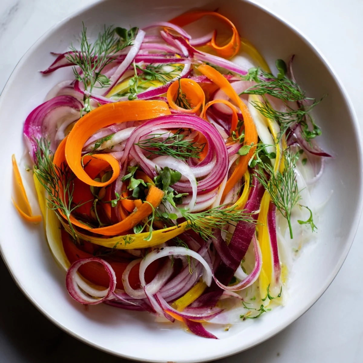 Close-up of the elegant "Spinning Top" salad, showing crisp vegetables and fresh microgreens.