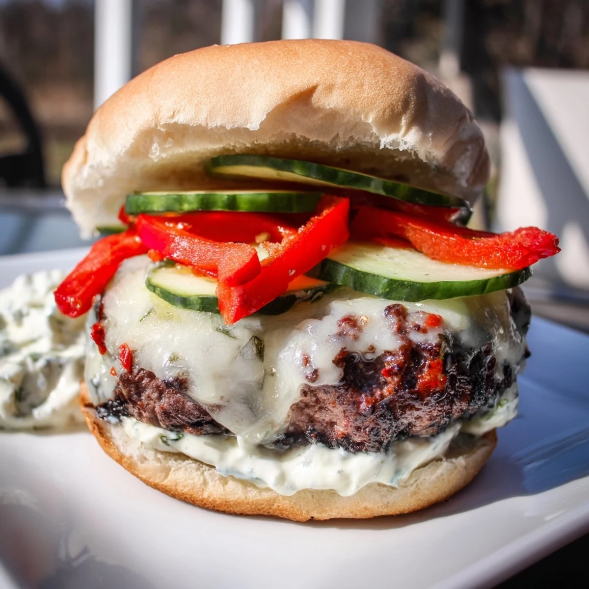 The Fire & Ice Burger, juicy ground beef patty and melted pepper-jack overflowing a bun.