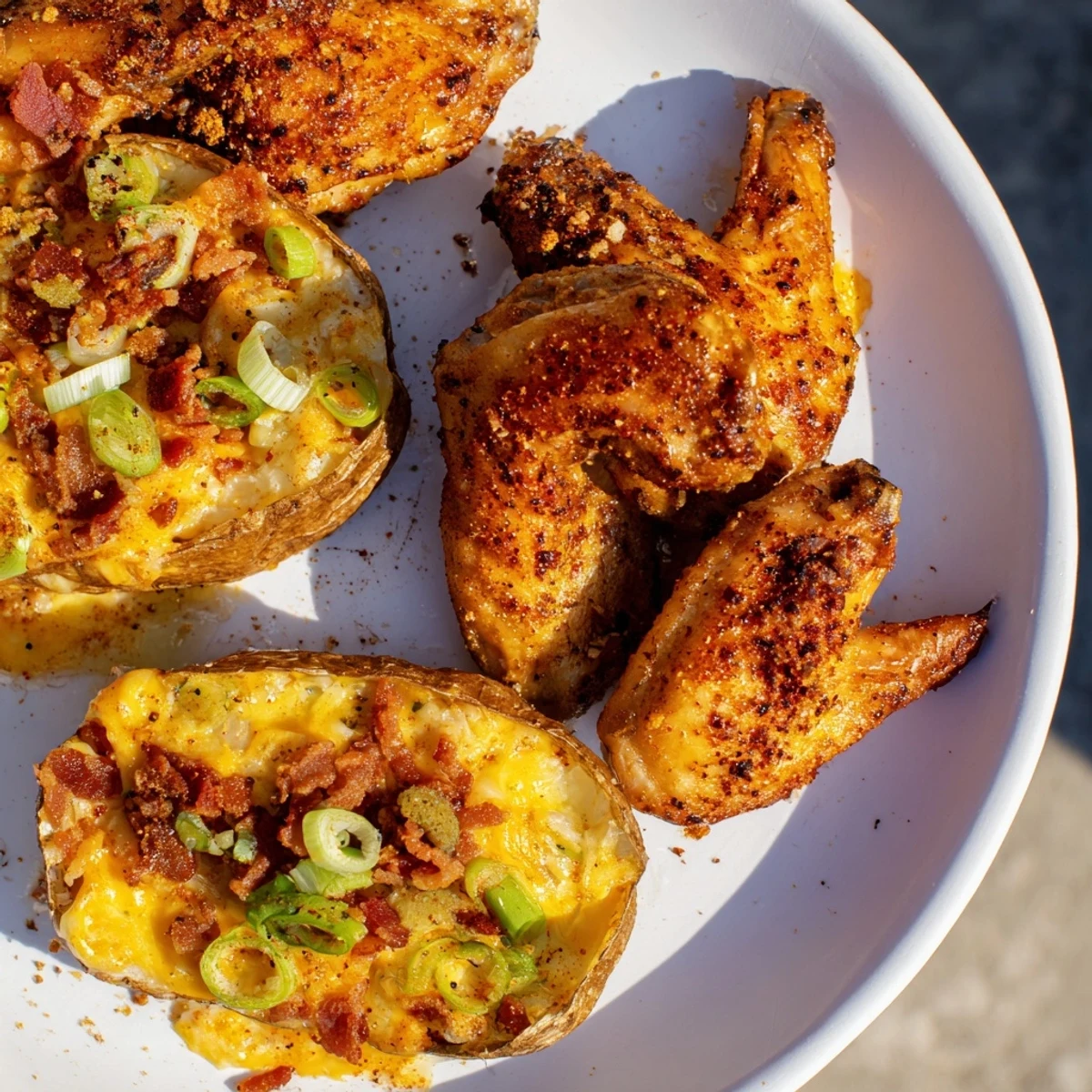 Touchdown Football Tailgate Spread: a delicious platter of wings, potato skins, and veggie sticks.