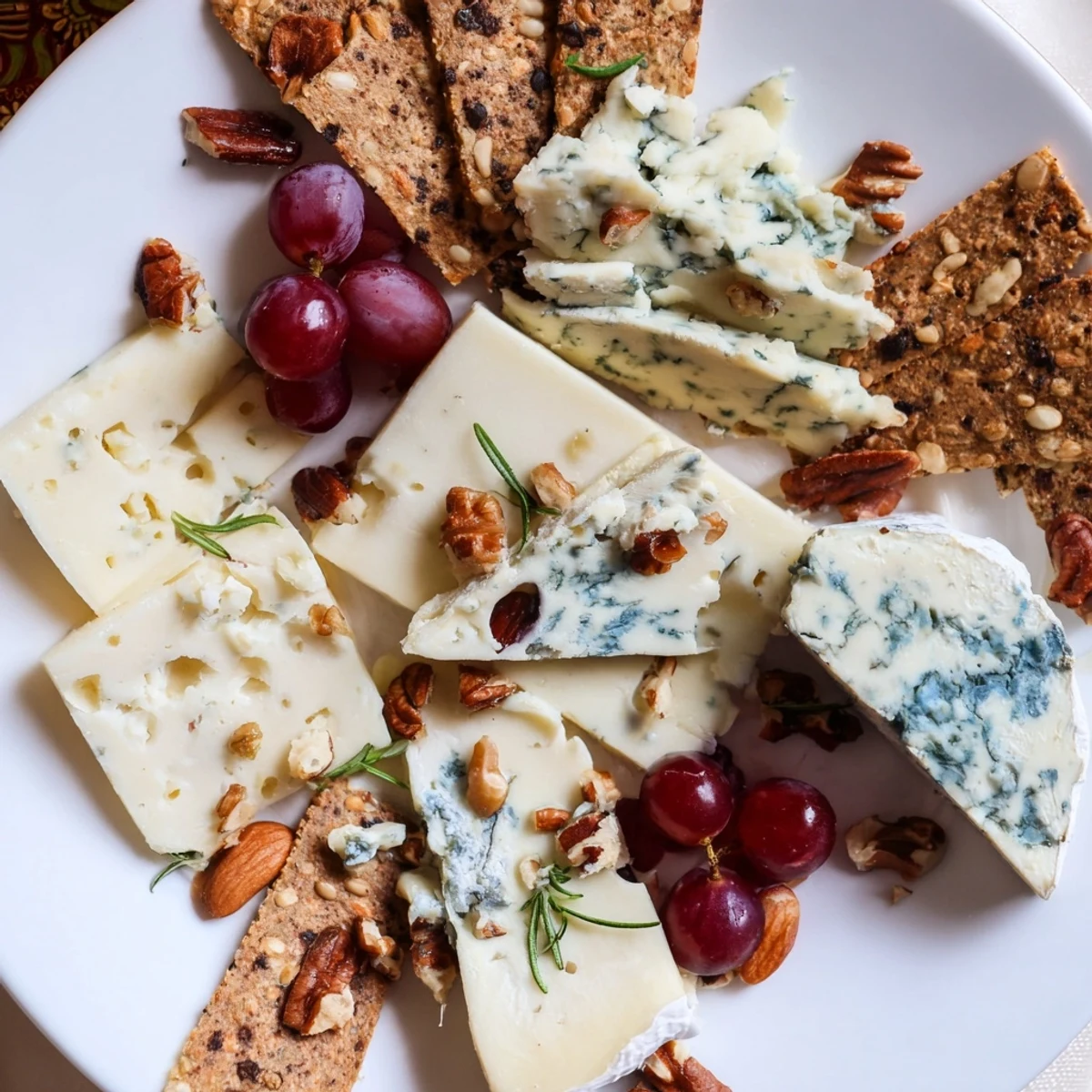 A Blue Ridge Mountain cheese platter, mountains of blue cheeses on crackers, drizzled honey, and grapes.