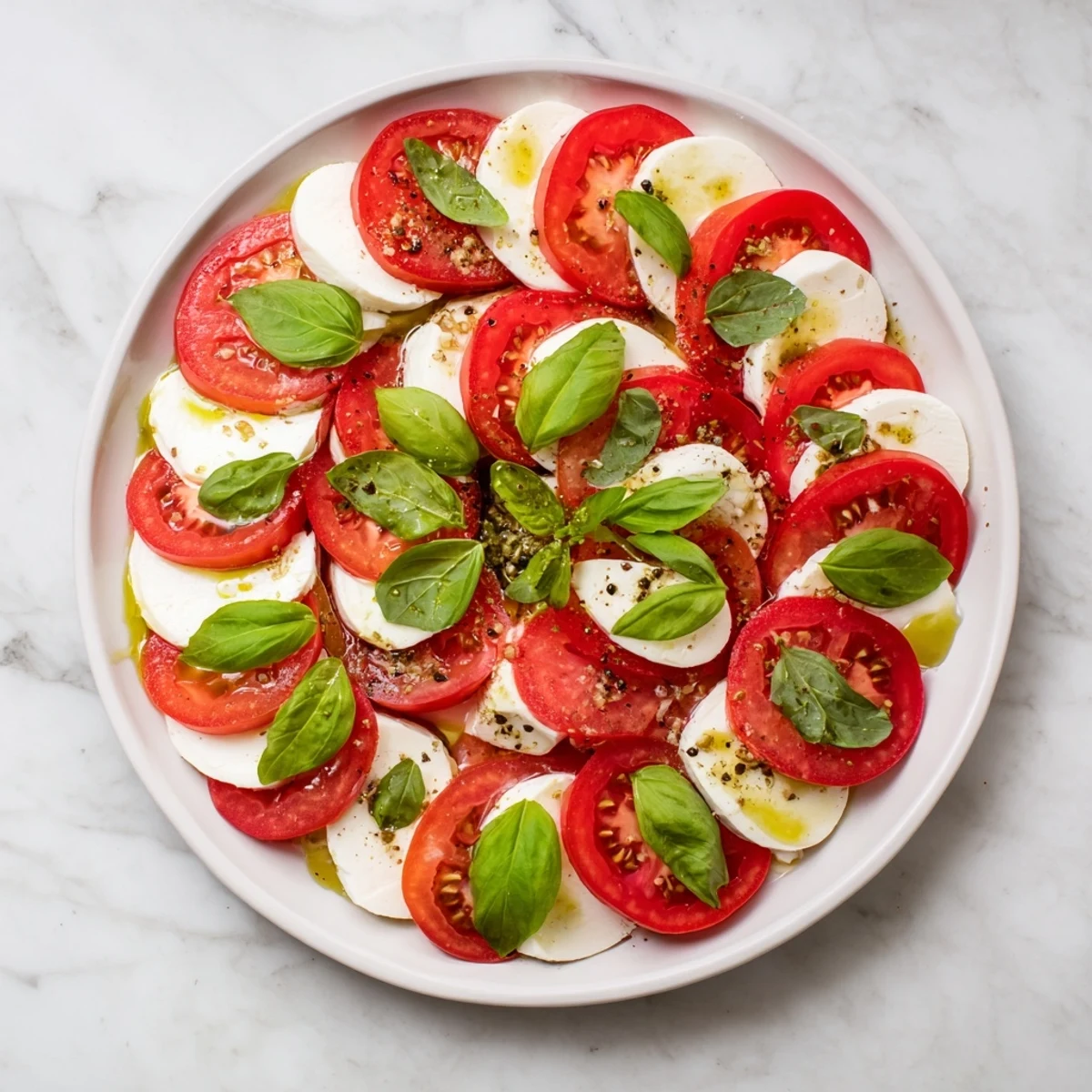 Świeże plastry pomidorów i mozzarelli, skropione oliwą i udekorowane bazylią, idealne na szybką włoską przekąskę.