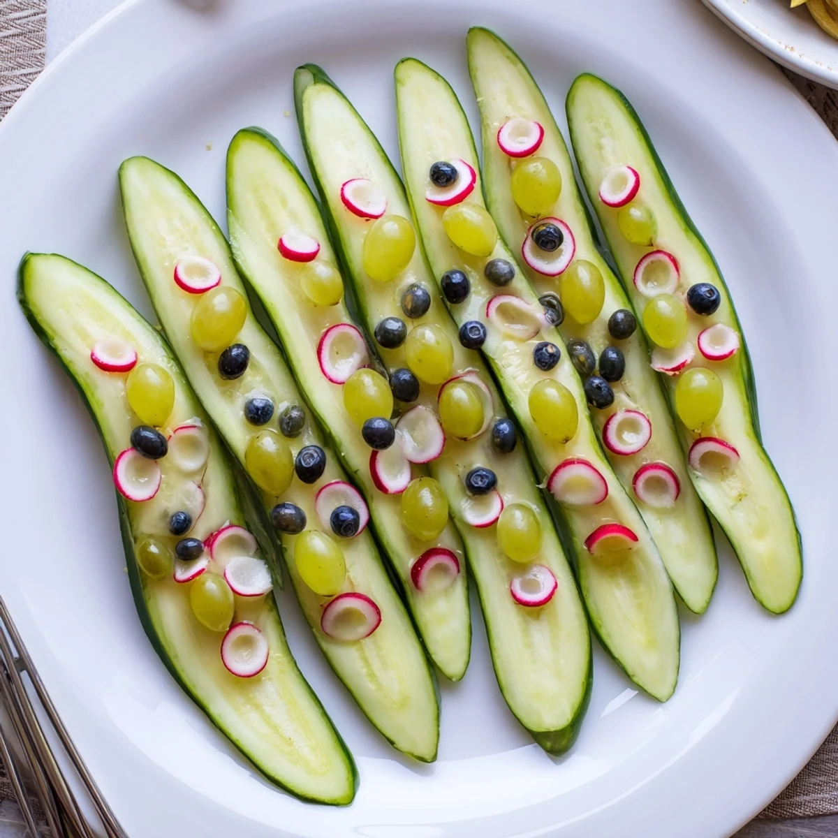 The Peacock Tail appetizer: Vibrant cucumbers and grapes arranged into a visually stunning, edible masterpiece.