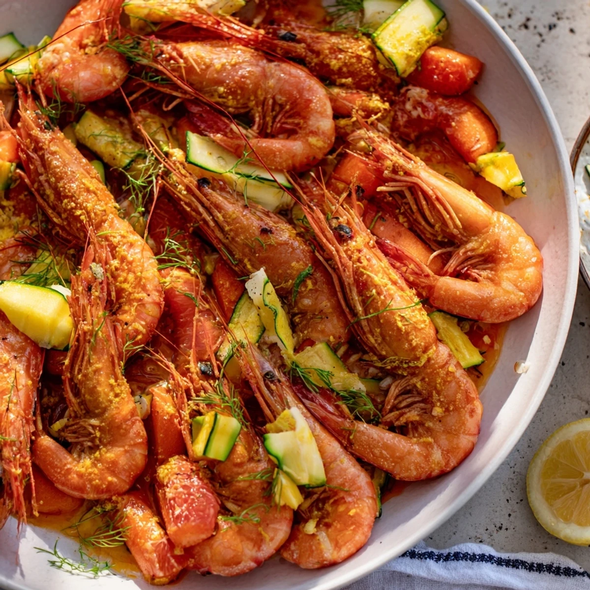 The Coral Reef dish, featuring shrimp, citrus, and bubbly cheese, ready to serve on a platter.