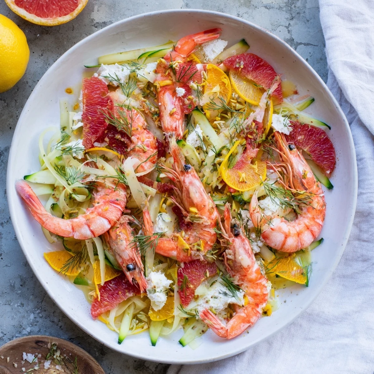 Gorgeous close-up of The Coral Reef, showing colorful shrimp and melted Gruyère, inviting you to taste.