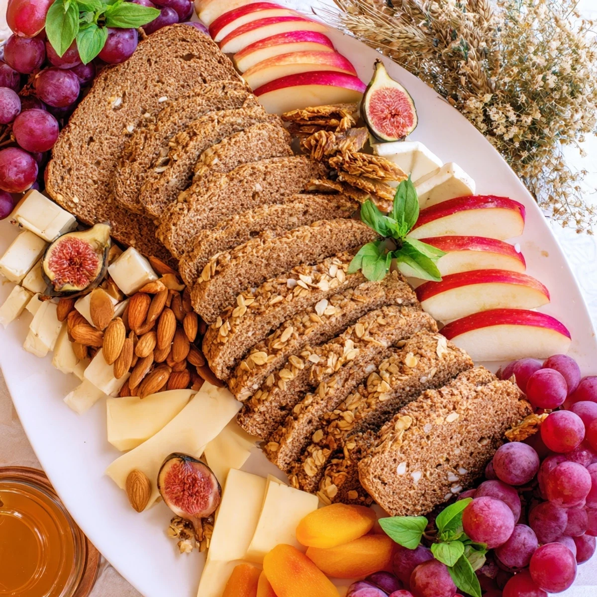 A rustic Harvest Scythe appetizer: fresh sliced apples and pears alongside crusty bread slices.