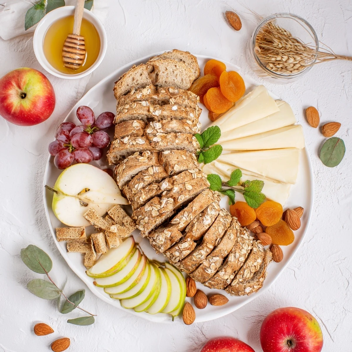 Beautiful Harvest Scythe arrangement, showcasing ripe fruits with grains and artisan breads ready to serve.
