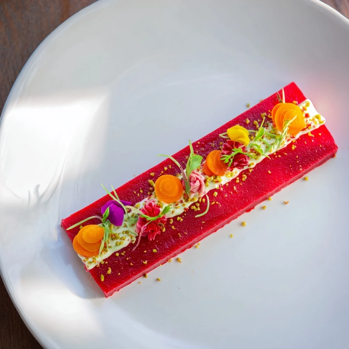 A vibrant photo of The Modernist Stripe, layered vegetable purées artfully arranged for serving.