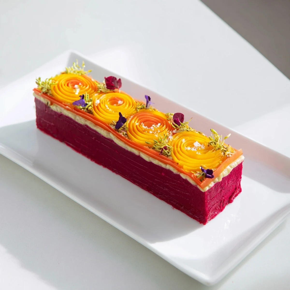 The Modernist Stripe appetizer with bold, colorful purées, microgreens, and a sprinkle of sea salt.