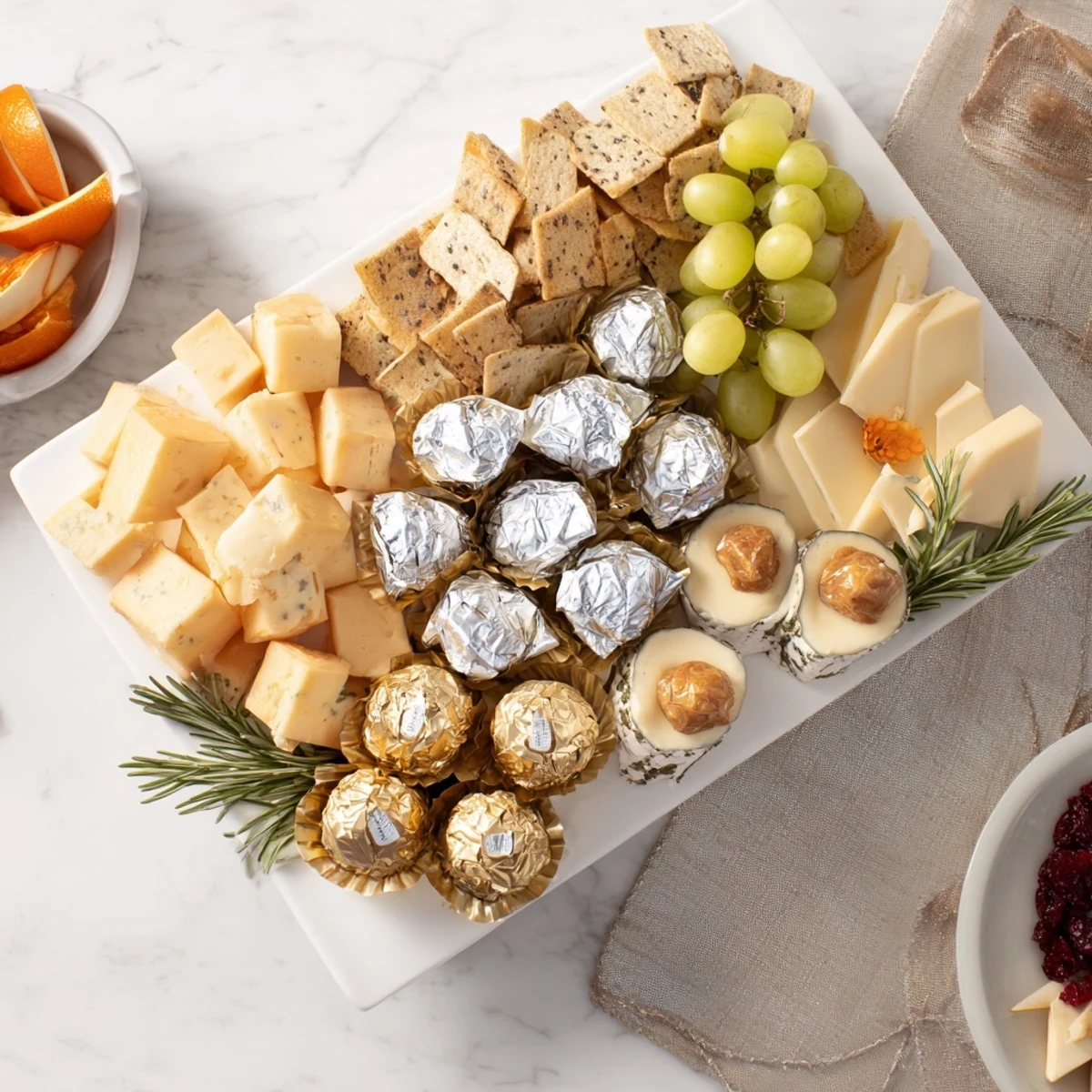 Elegant The Silver Screen cheese board, featuring shimmering chocolates and creamy cheeses arranged beautifully.