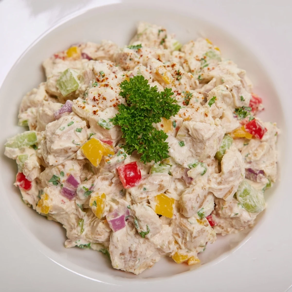 Świeża sałatka z kurczaka z puszki z warzywami, doprawiona Mrs. Dash, na chrupiące krakersy.