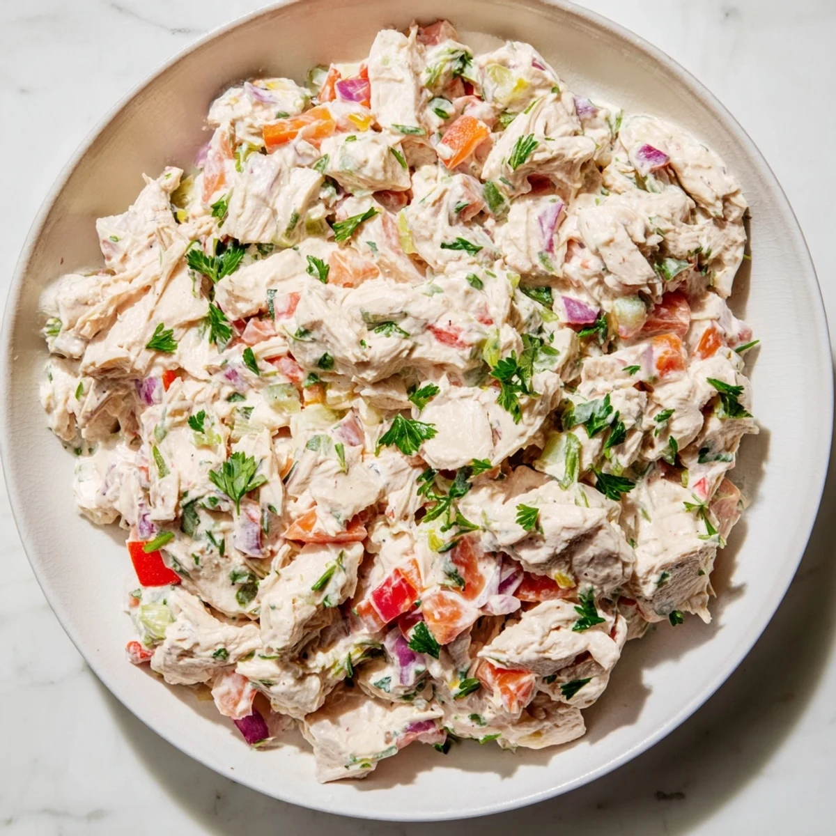 Zdrowa, bez soli sałatka z kurczaka z puszki, wymieszana z Mrs. Dash, podana z listkami sałaty.