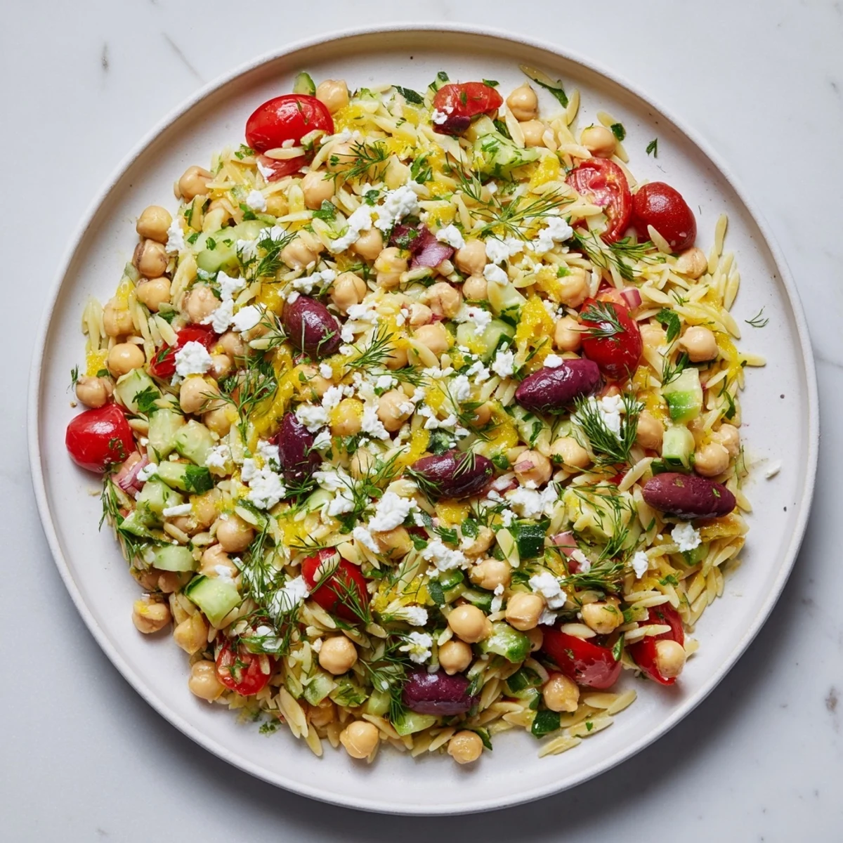 A colorful bowl of Greek Lemon-Orzo Bean Salad, bursting with fresh herbs and tomatoes.