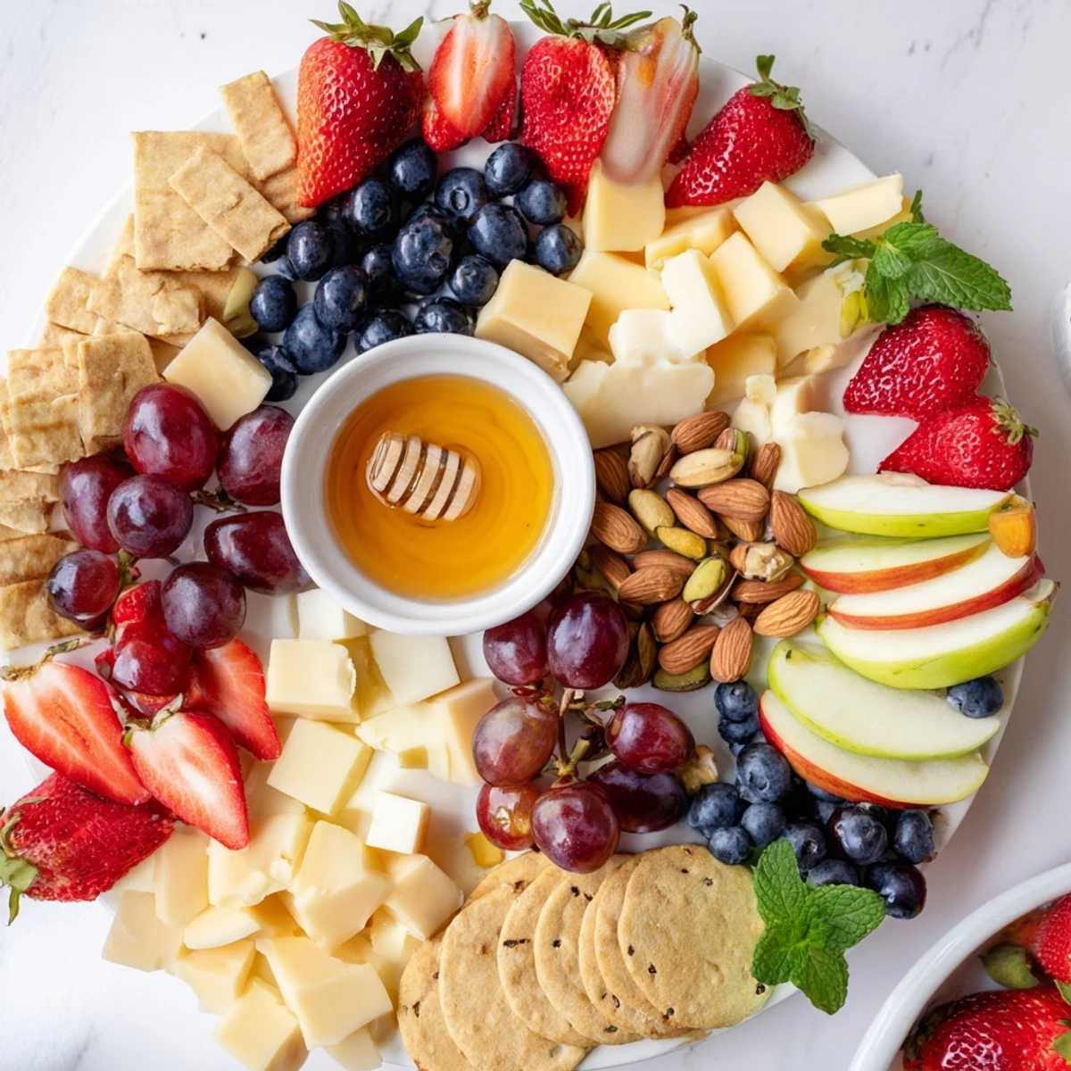 Delighted eyes envision a Bears Honey Pot Board brimming with fresh fruit, cheeses, and honey for dipping.