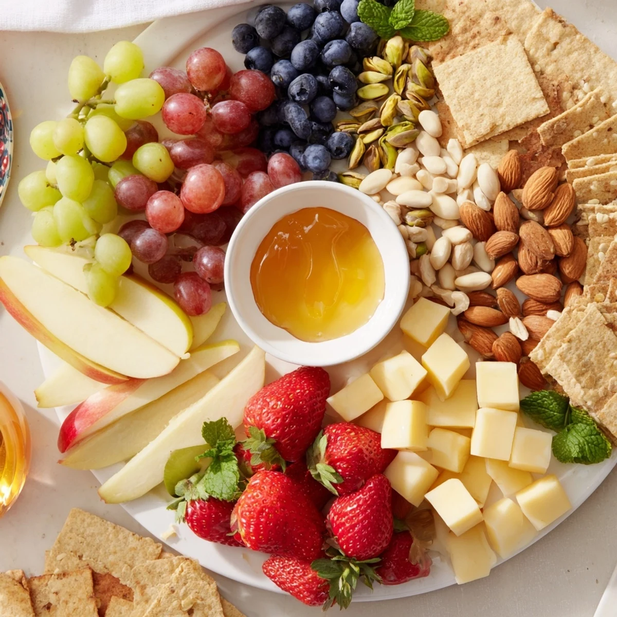 Delicious honey glistens over the Bears Honey Pot Board, surrounded by colorful snacks ready to enjoy.