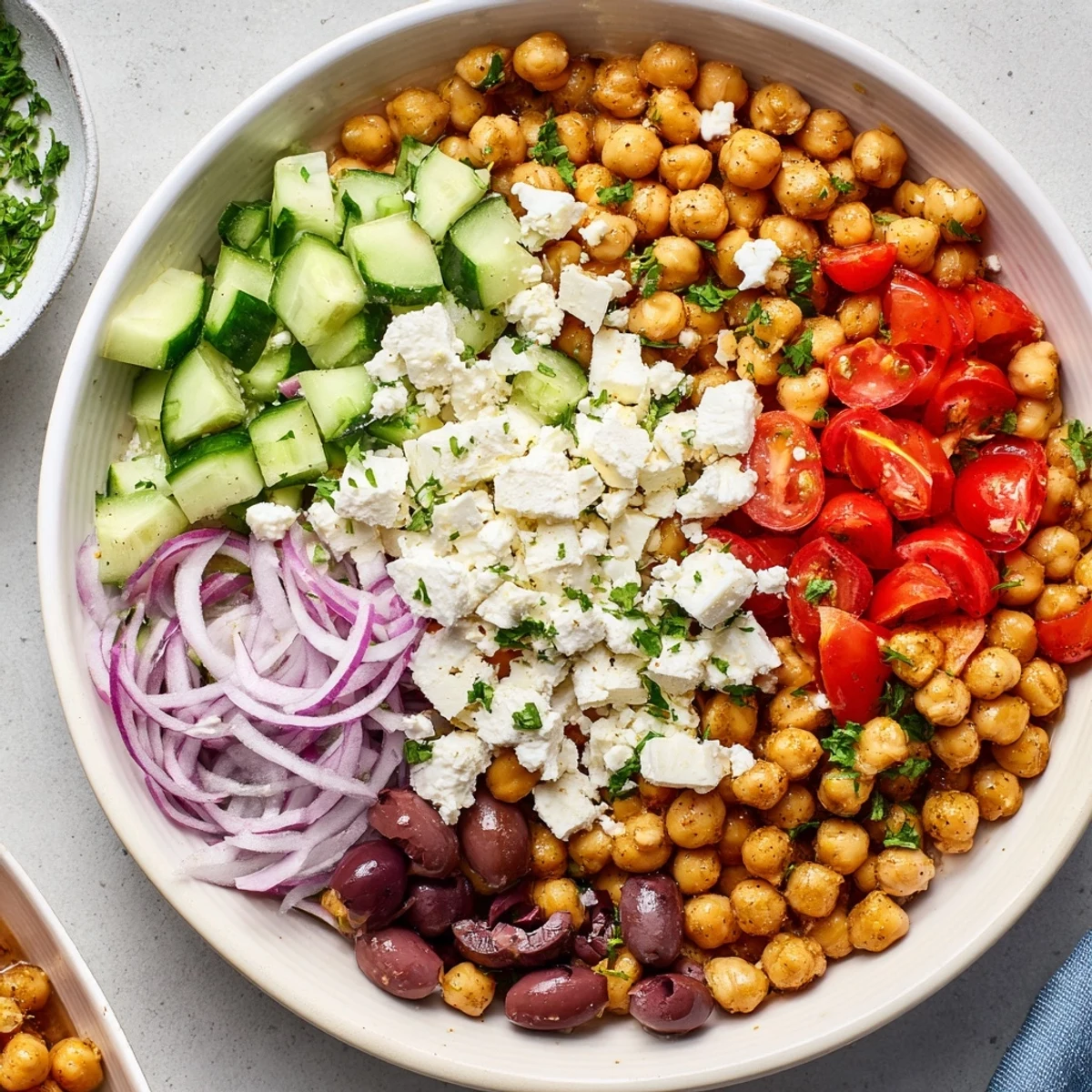 This Mediterranean Chickpea and Feta Bowl shows off a close-up of vibrant vegetables and creamy feta cheese.