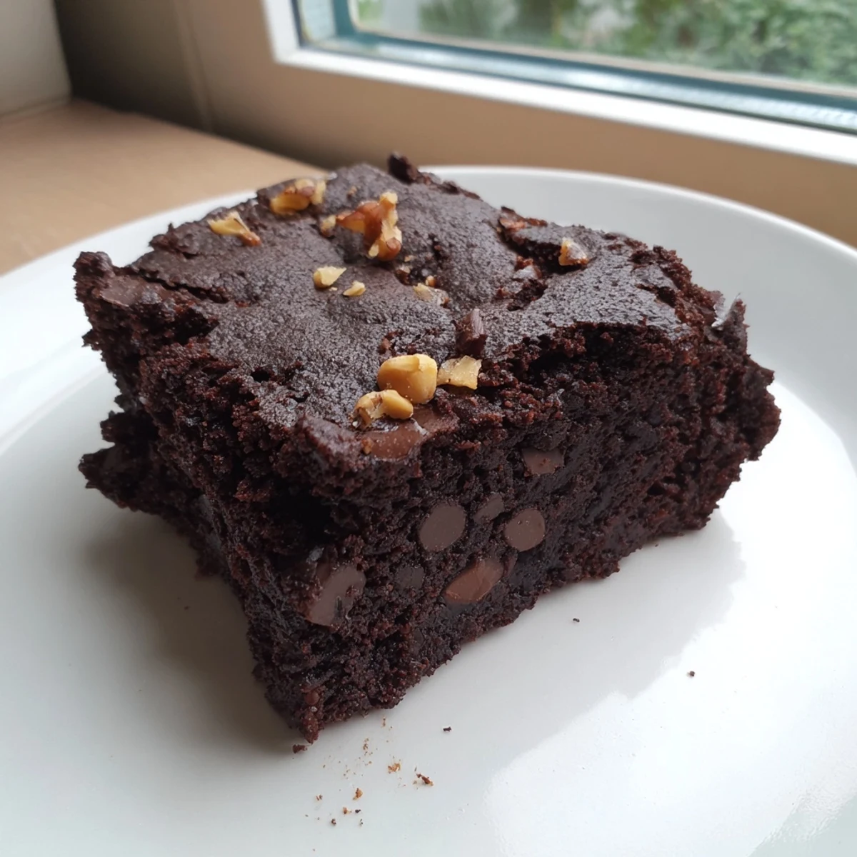 Fudgy baked black bean brownies, pictured with scattered chocolate chips, ready to enjoy after cooling.
