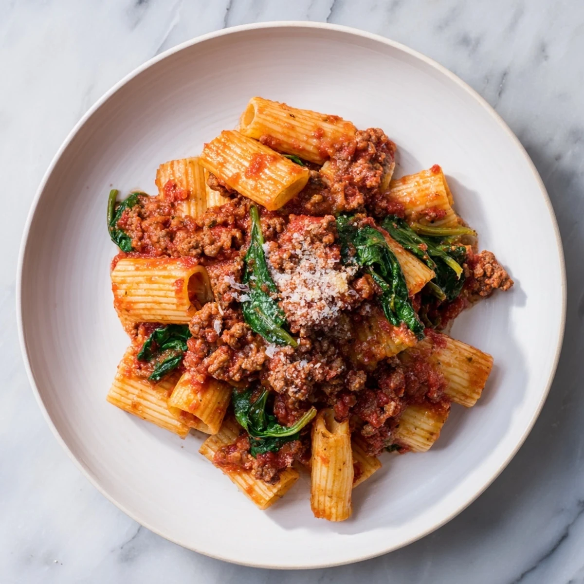 Fragrant one-pot Italian sausage tomato pasta, steaming hot, served in a bowl with Parmesan.