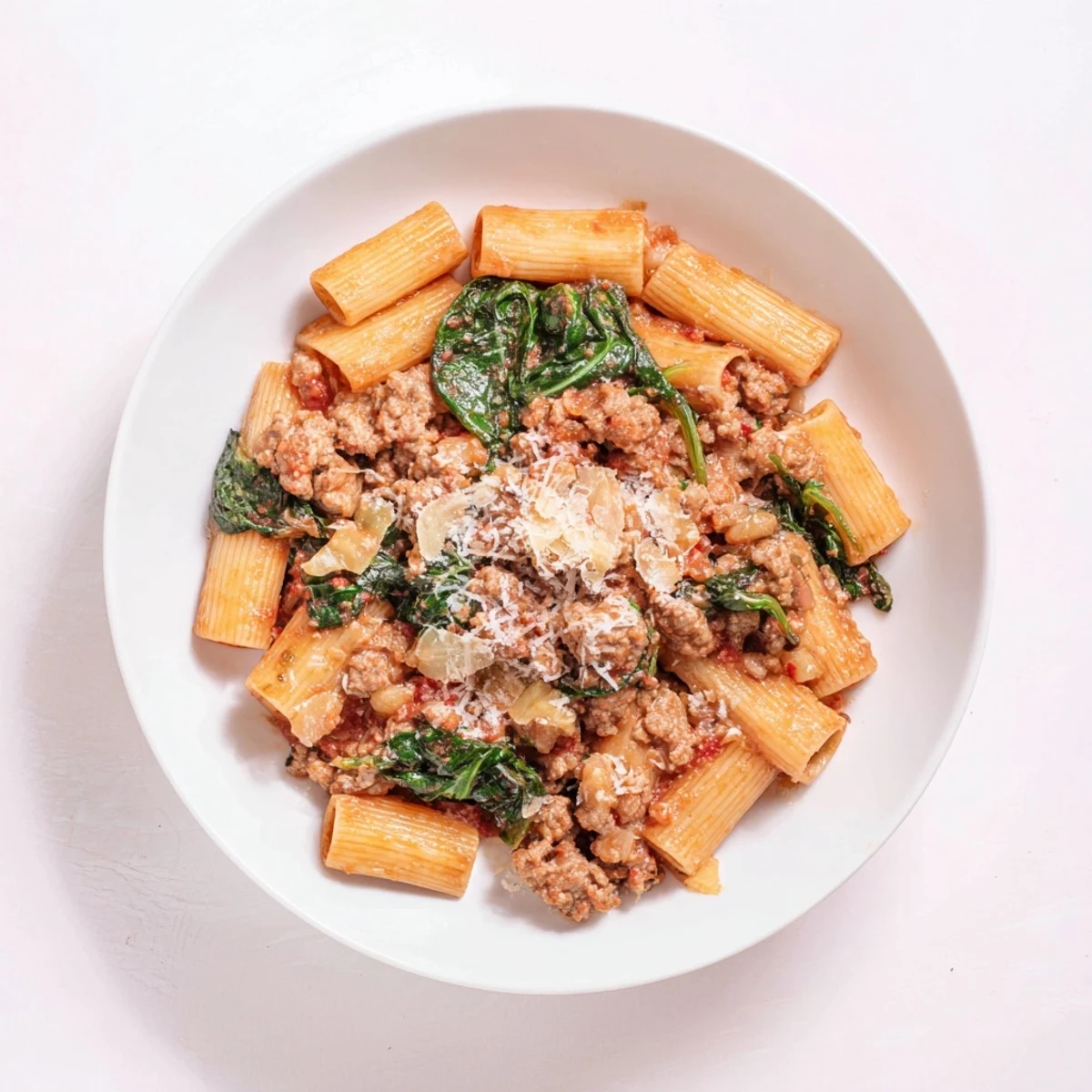 Close-up of a bubbling one-pot Italian sausage tomato pasta, revealing creamy sauce and sausage.