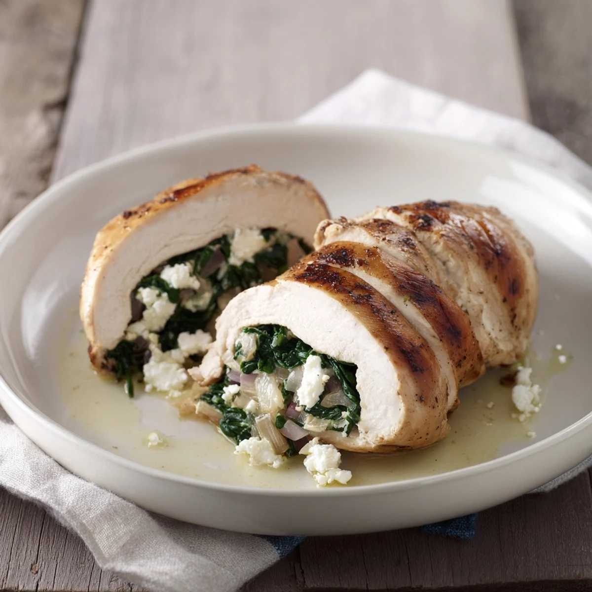 Juicy Spinach Feta Stuffed Chicken, golden-brown and baked, ready to be served for dinner.