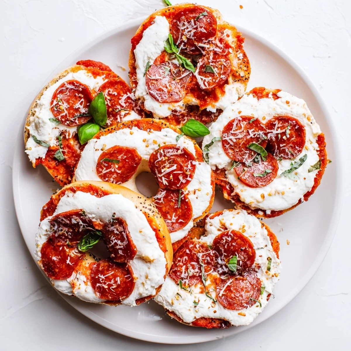 A close-up of cheesy Mini Pepperoni Pizza Bagels, ready to eat, perfect for a quick snack.