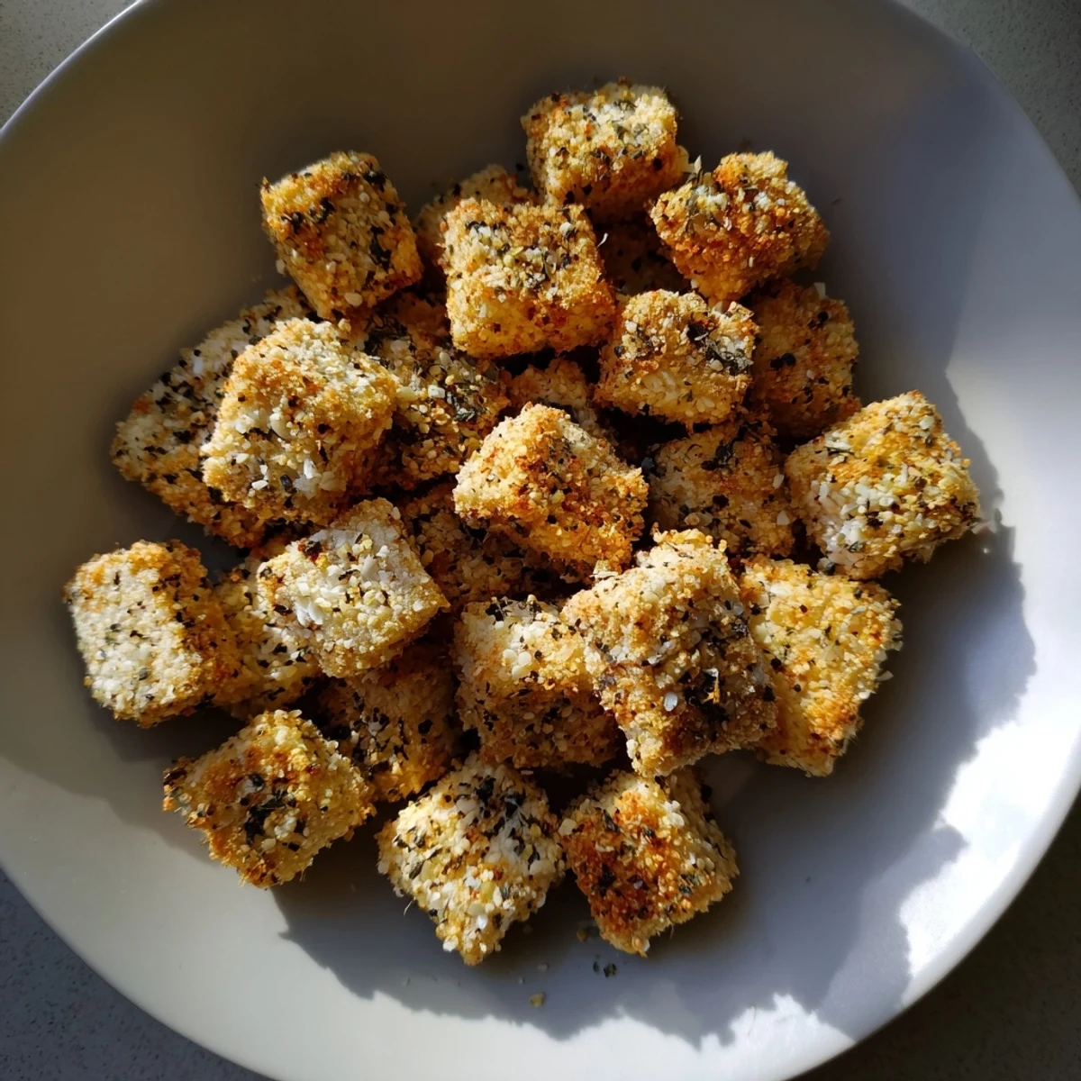 Chrupiące popcornowe tofu w złotej panierce, idealne jako wegańska przekąska na spotkanie.