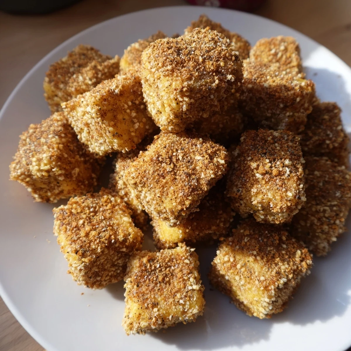 Apetyczne popcornowe tofu z widocznymi przyprawami, idealne do maczania w ulubionym sosie.