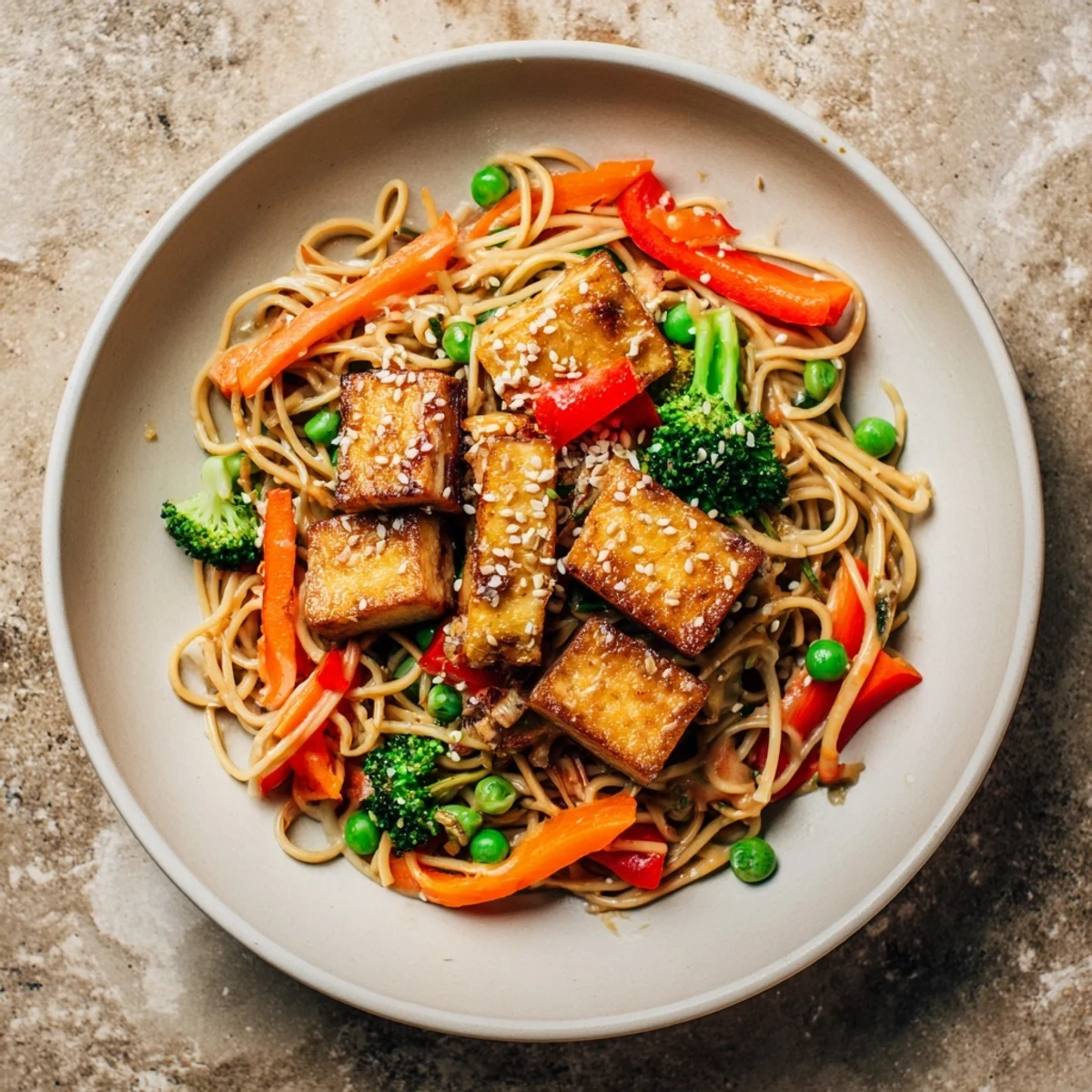 A steaming bowl of sesame ginger tofu stir-fry, a quick vegetarian Asian-inspired dish.