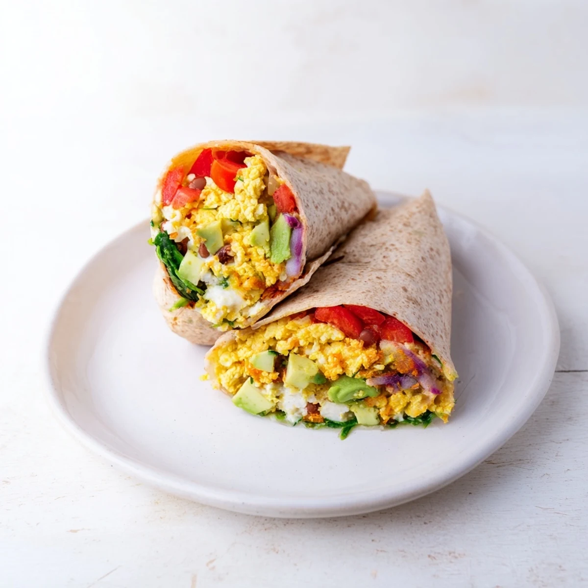 Warm and savory, a Veggie-Loaded Breakfast Burrito filled with cheese, veggies, and black beans on a plate.
