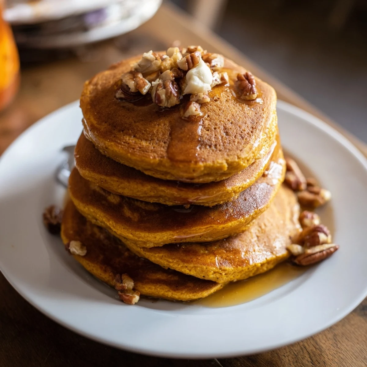 Fluffy Pumpkin Spice Pancakes stacked high, drizzled with maple syrup, ready to eat.