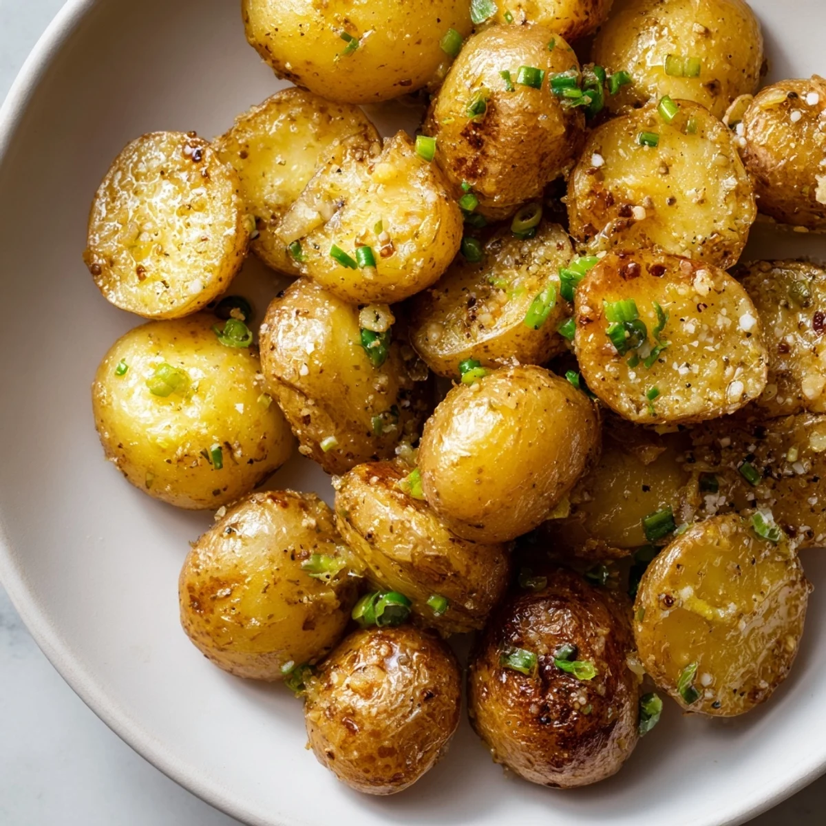 Złote, chrupiące Smashed Green Onion Potato Bombs skropione obfitą zieloną cebulą dla uczty smaków.