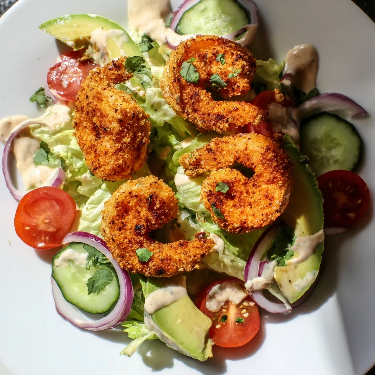 Złota, chrupiąca krewetka w pikantnej sałatce, z kremowym awokado i cytrusowym dressingiem.