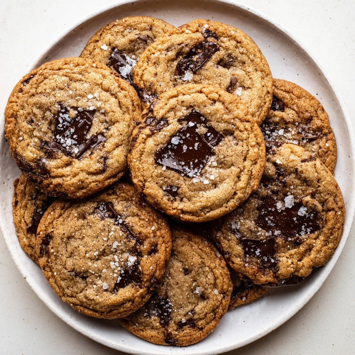 Close-up of miso brown butter cookies, showing their crinkled edges and sea salt topping.