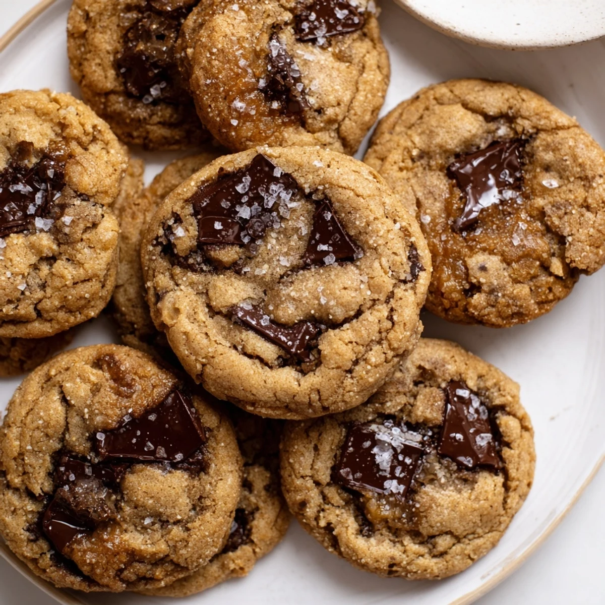 Golden, chewy miso brown butter cookies with melted chocolate chips, ready to eat.