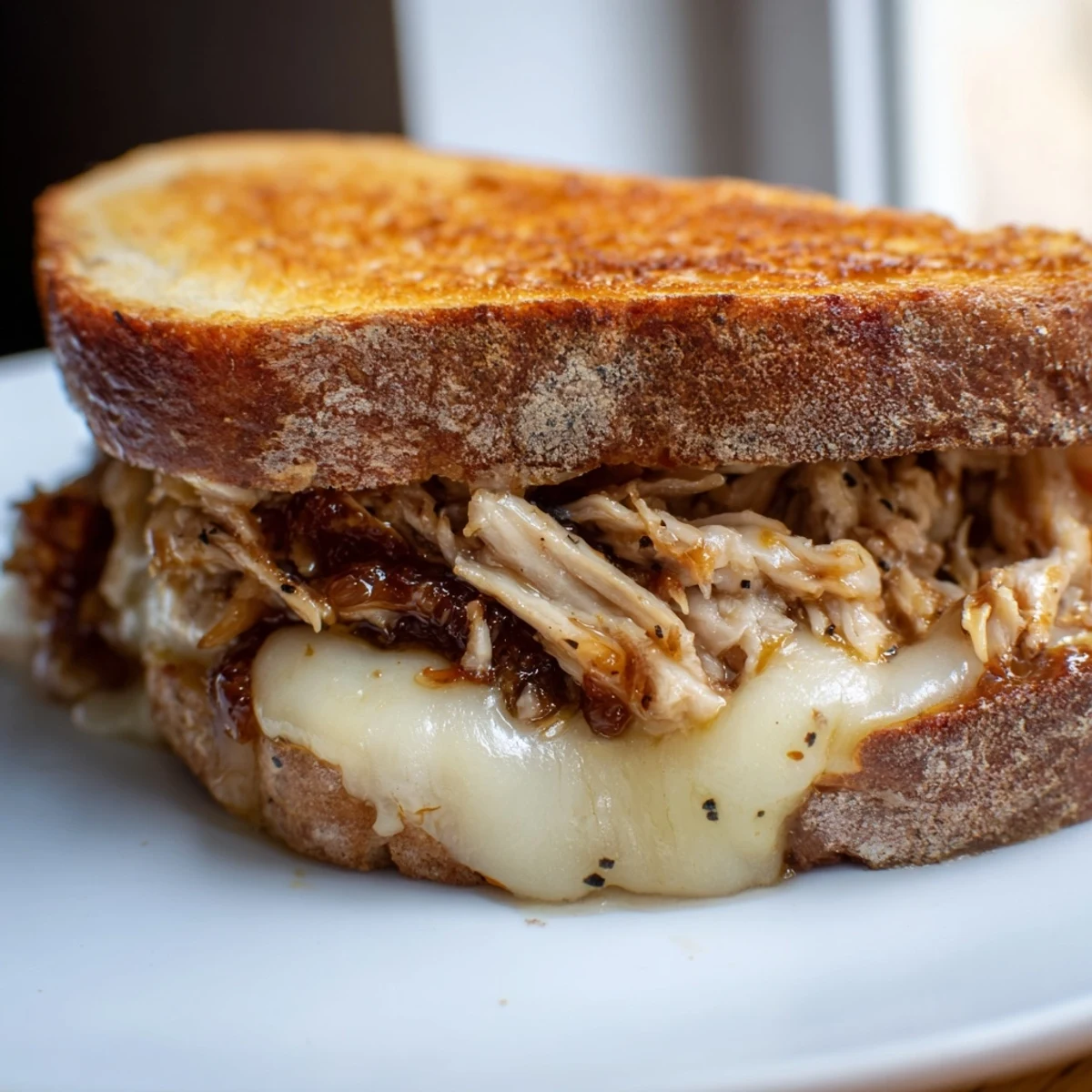 A close-up of a perfectly grilled chili crisp honey chicken grilled cheese sandwich, delicious and savory.