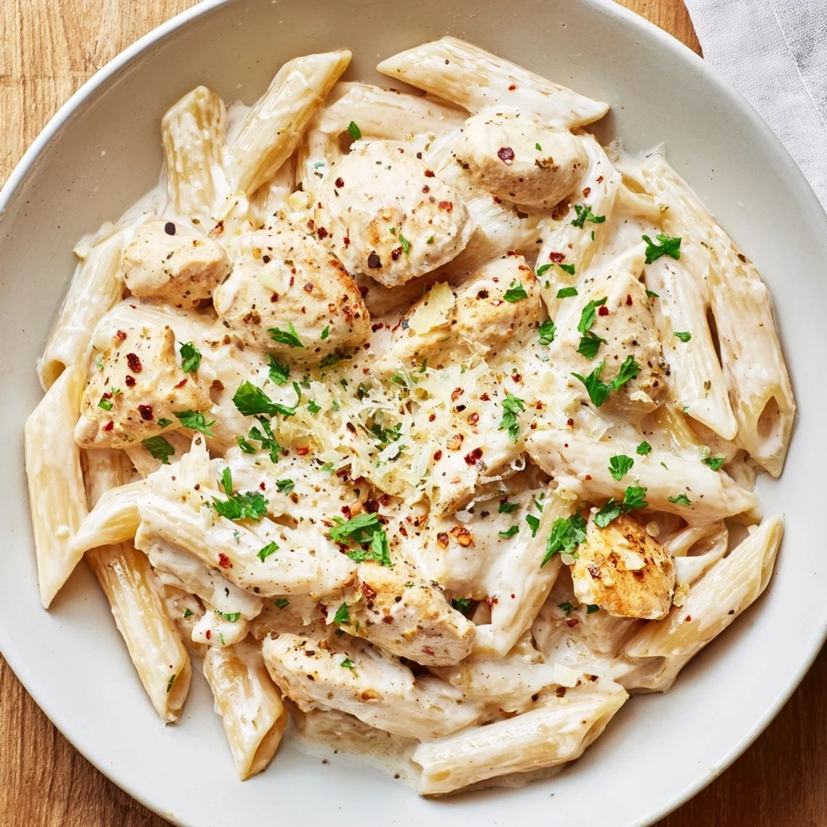 Quick Garlic Parmesan Chicken Pasta simmering in a skillet, ready to coat the pasta with creamy sauce.