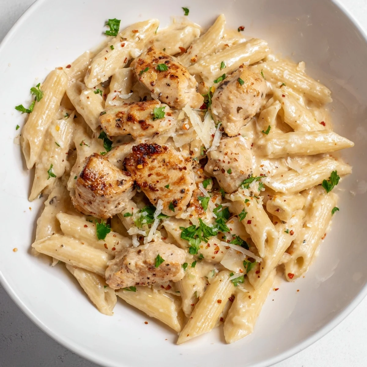 A close-up of Quick Garlic Parmesan Chicken Pasta, a flavorful one-pan meal with tender chicken and pasta.