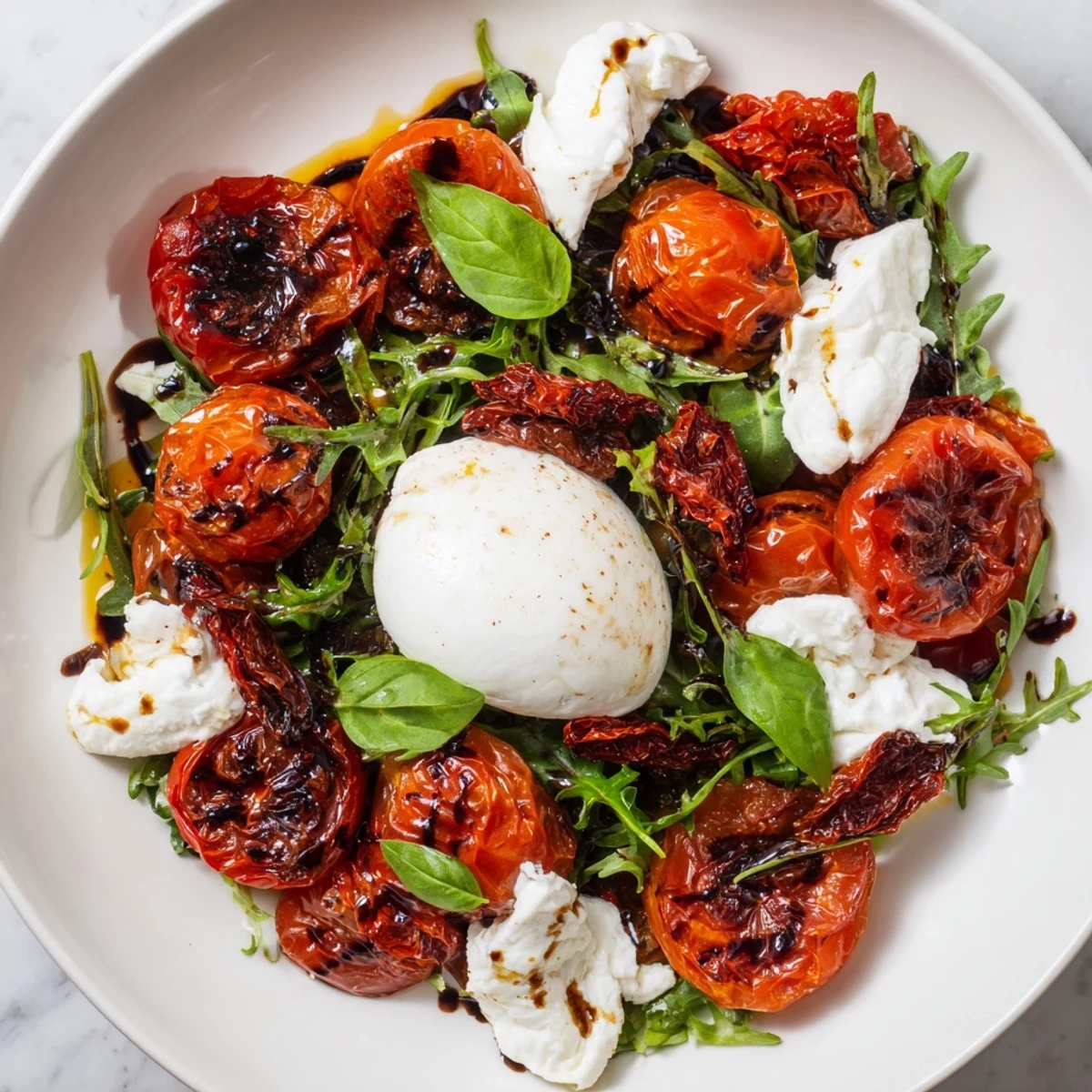 Close-up of a delicious Tomato Flight Salad with mixed greens and a drizzle of olive oil.