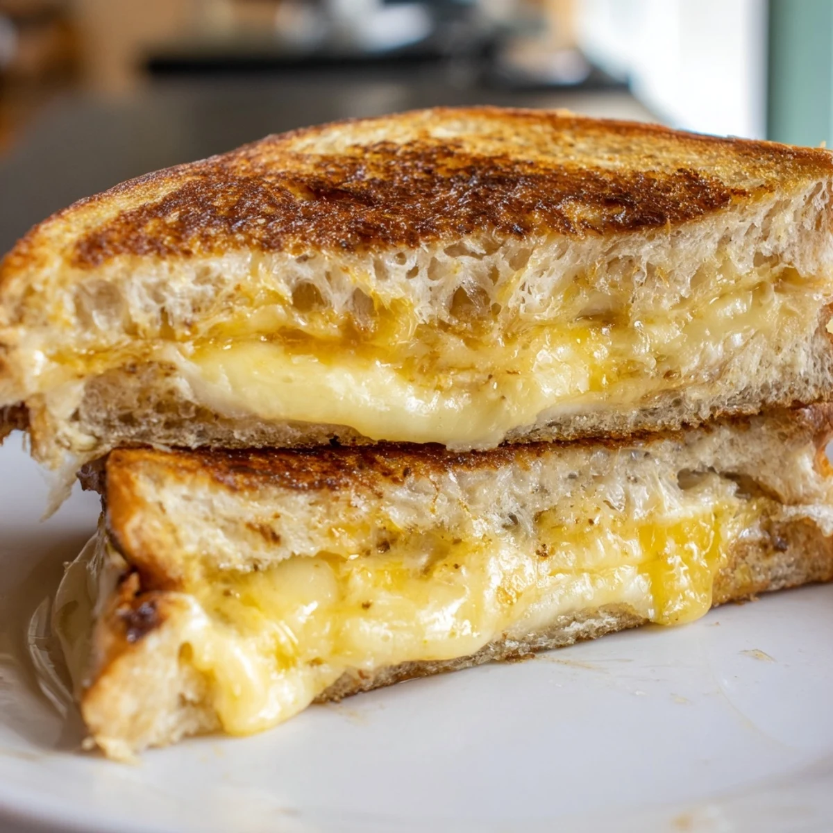 Crispy edges of Custard French Toast Grilled Cheese showcase the rich, creamy interior.