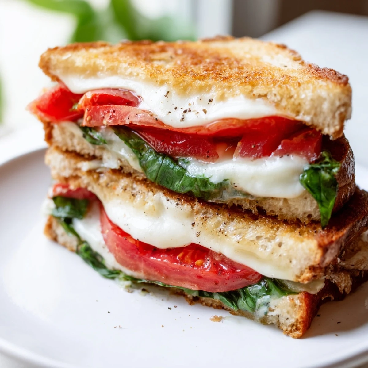 Widok topiącego się sera w kanapce z pomidorami i bazylią na grillowanym chlebie, gotowej do podania.