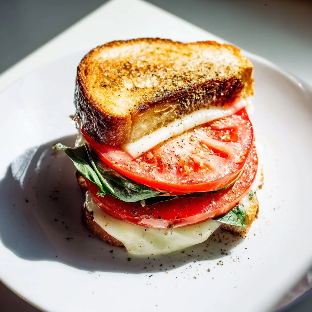 Złocista, chrupiąca kanapka z grillowanym serem z soczystymi pomidorami i świeżą bazylią.