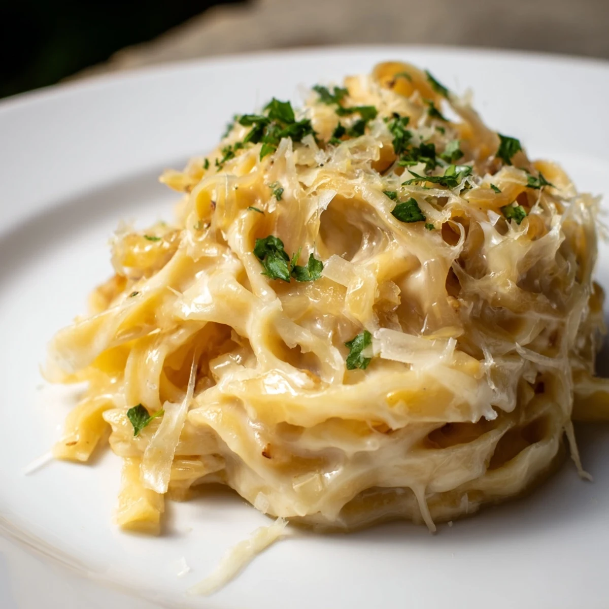 Golden brown One-Pot French Onion Pasta, bubbling with melted cheese and fresh parsley garnish.
