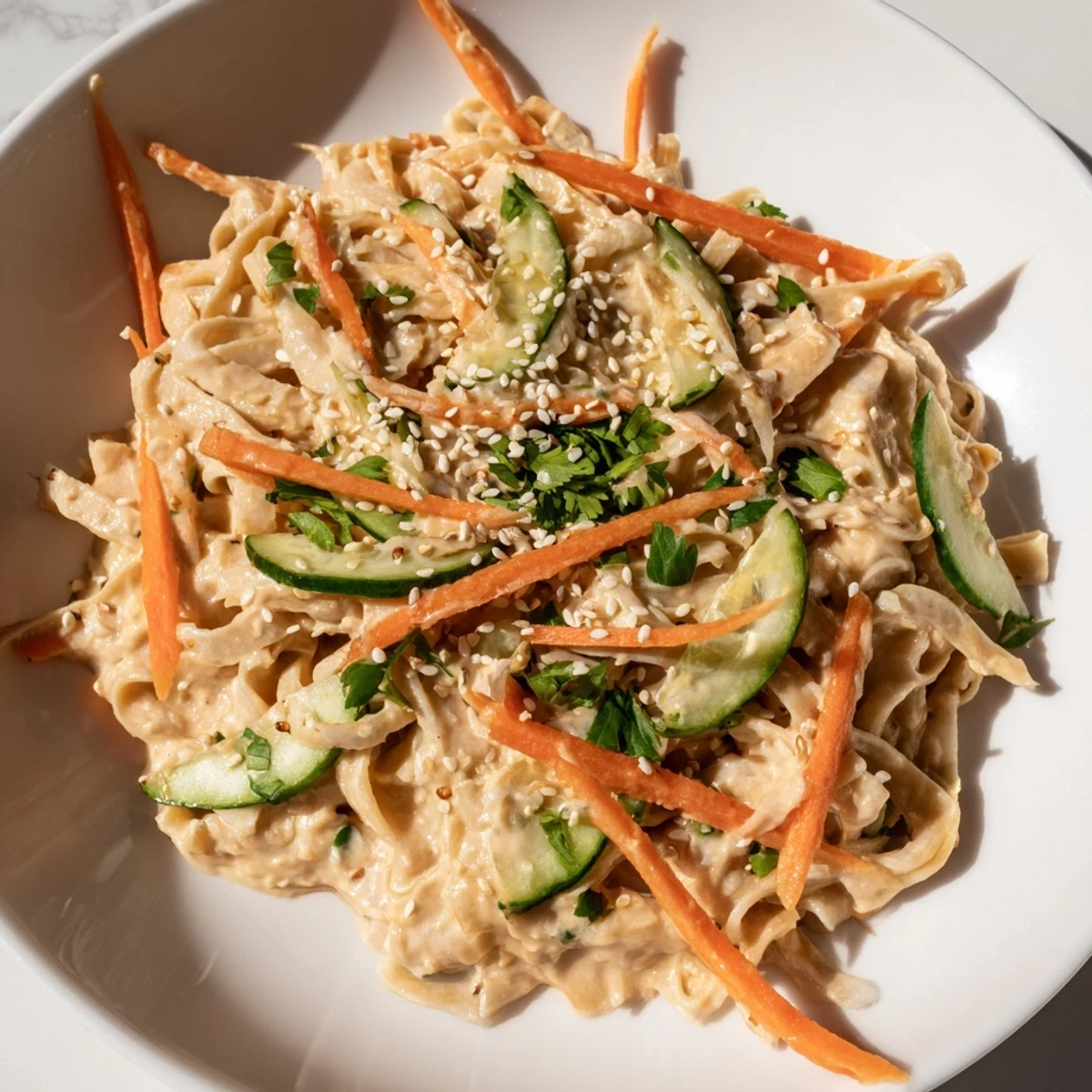 Creamy cold sesame noodles with colorful vegetables, perfect for a fresh lunch.