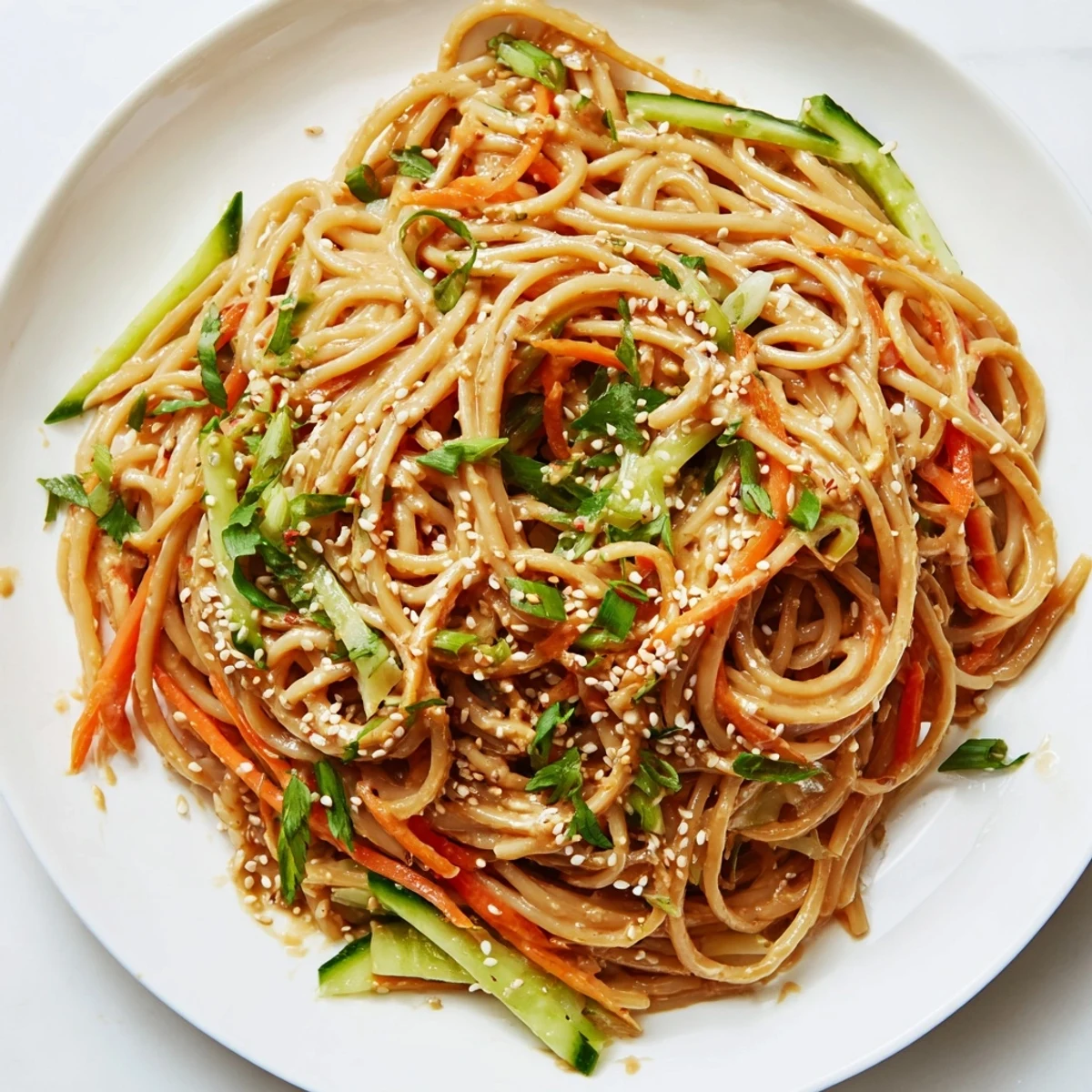 A bowl of delicious cold sesame noodles, featuring a rich, flavorful sesame sauce.