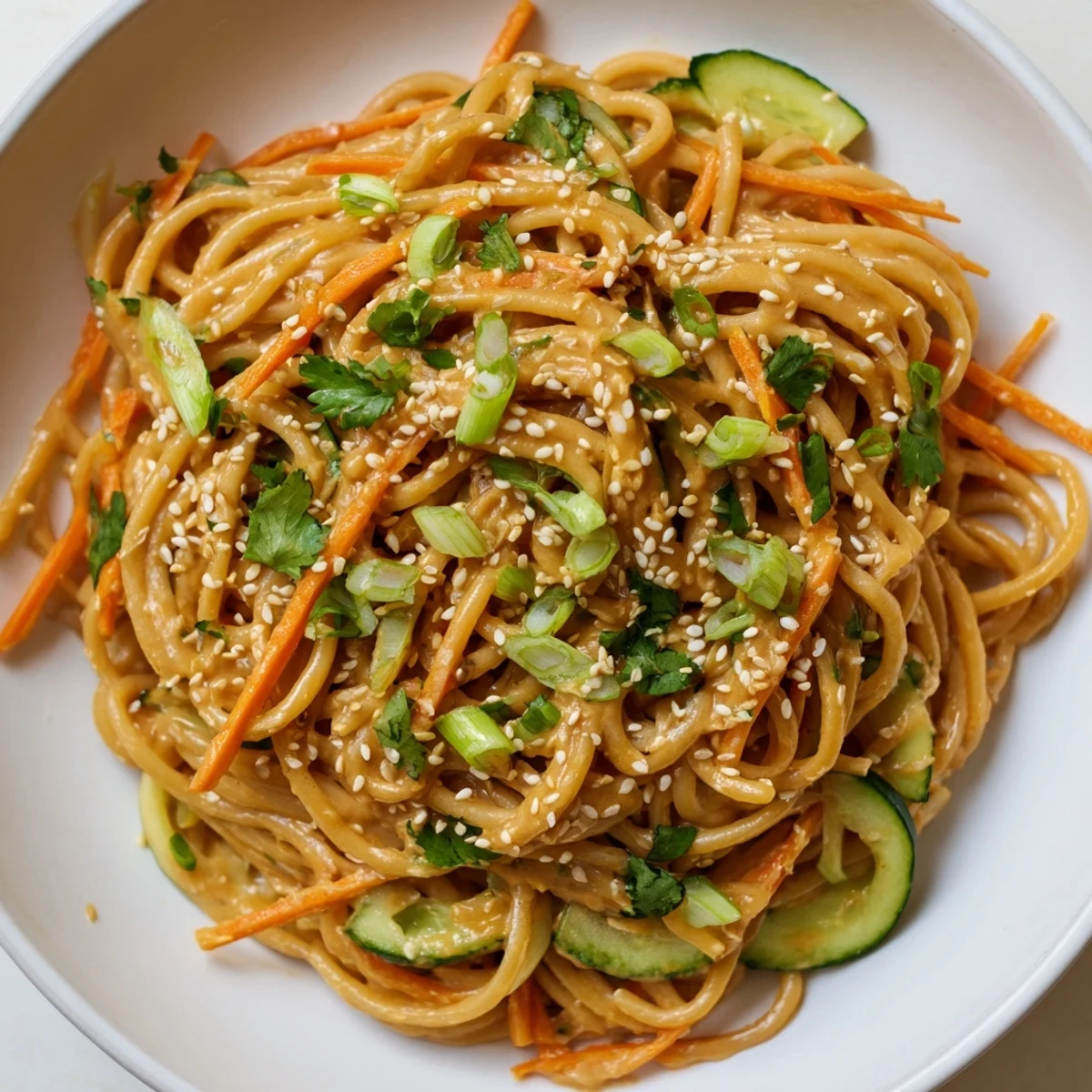Close-up shot of cold sesame noodles with a sprinkle of sesame seeds, ready to eat.